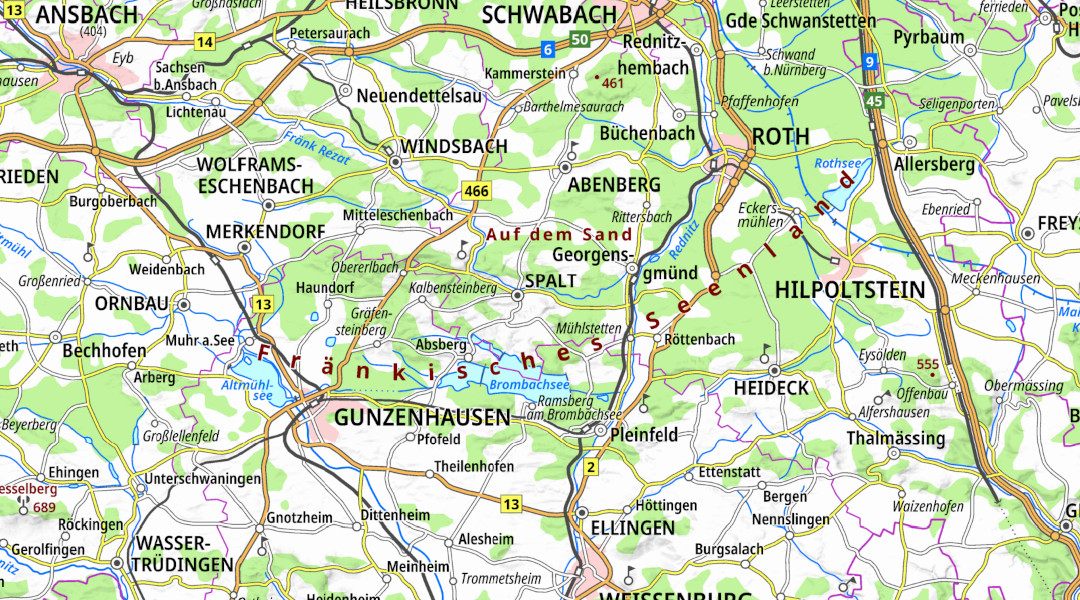 Kartenausschnitt, in der Mitte der Schriftzug Fränkisches  Seenland, der Brombachsee, links davon der Altmühlsee und die Namen der Städte und Orten und Straßen