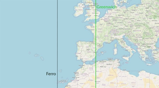 Karte mit Nordafrika und Europa; eine schwarze Linie mit Beschriftung Ferro und eine grüne Linie mit Beschriftung Greenwich